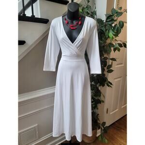Poseshe Dress Women's Size 10 12 White Long Sleeve Midi A Line V Neck